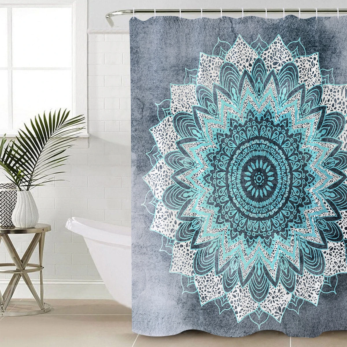 Занавески для душа WARMTOUR BOHOCHIC с мандалой в синем цвете очень длинные тканевые