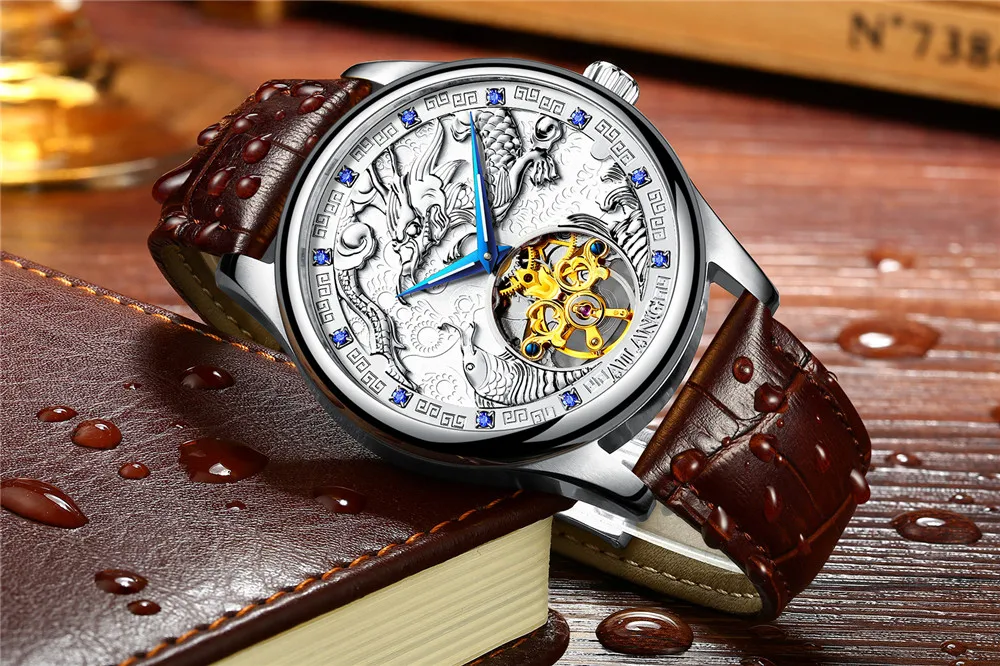 Лошадь узор tourbillon Классический для мужчин деловые часы деловые водонепроницаемые часы Элитный бренд пояса из натуральной кожи автоматические часы