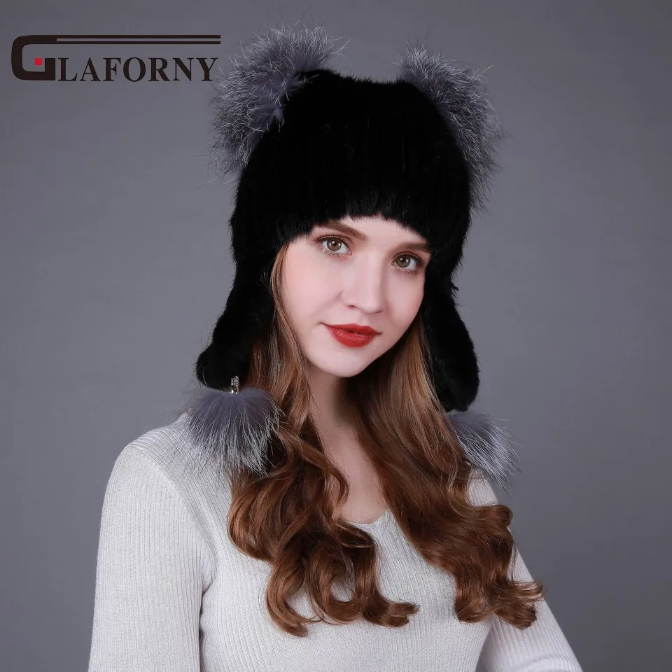 Glaforny, Вязаные норковые меховые шапки с протектором для ушей, женские модные меховые шапки-бомберы, меховые шапки в русском стиле, меховые шапки серебристой лисы, меховые шарики