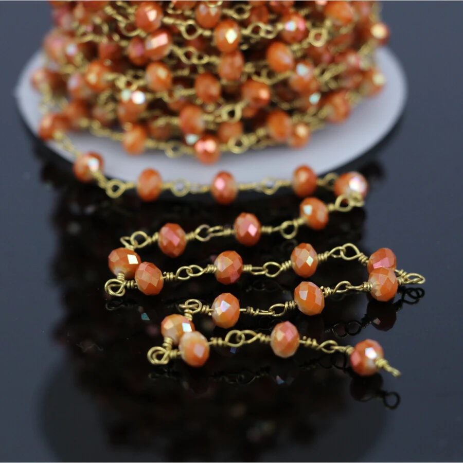 

5Meter,Faceted Orange Glass Crystal Beads Rondelle Chain with Gold Plated Wire Wrapped Rosary Chains Necklace Jewelry Findings