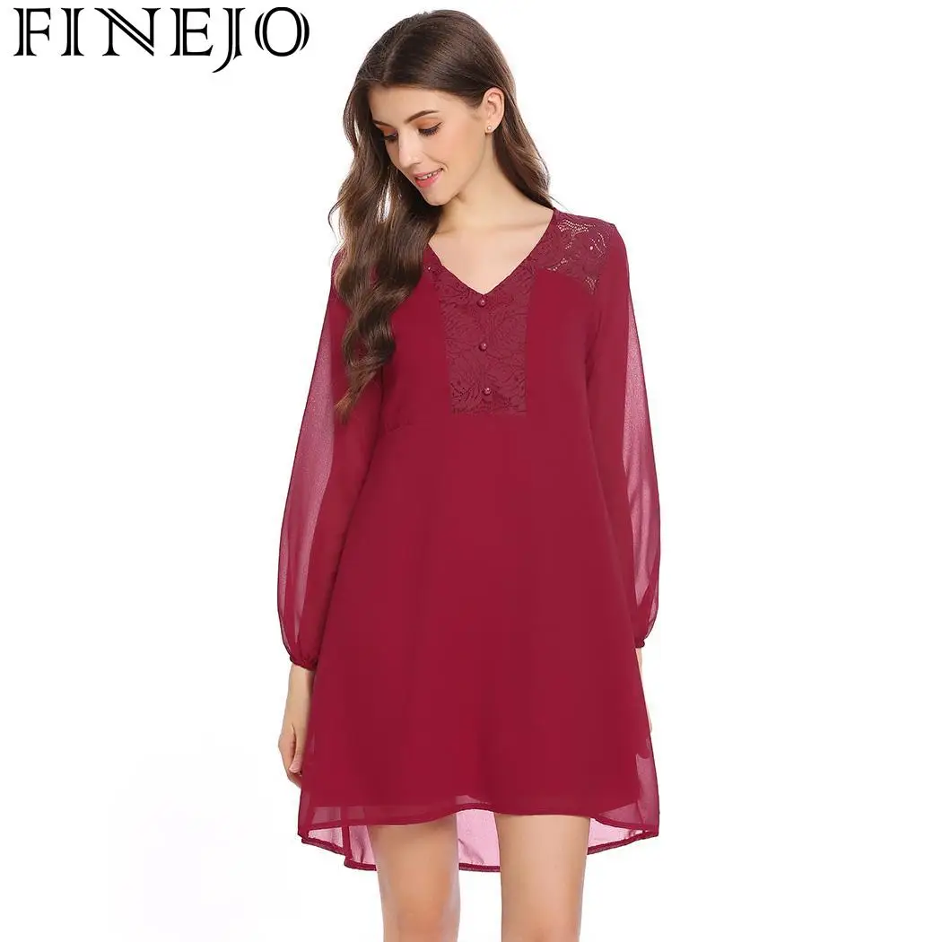 FINEJO Shift Dress Women Autumn Lantern V-Neck Women's Sleeve Lace Chiffon Patchwork Casual Loose Feminina Vestidos | Женская одежда