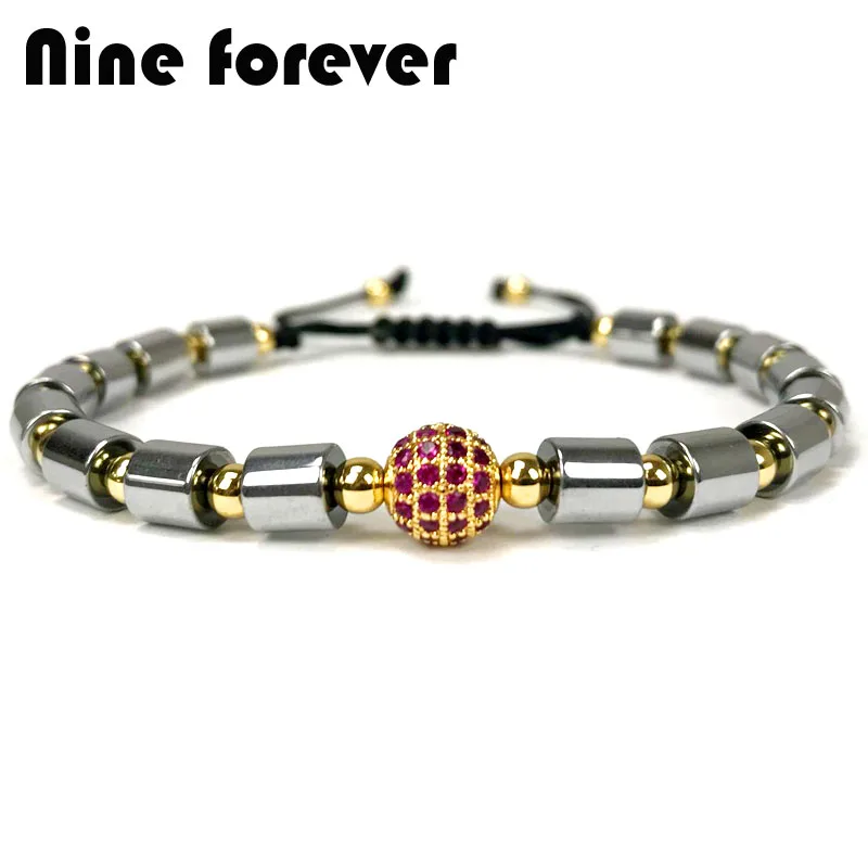 

Nine forever natural stone bracelet men jewelry Imperial hematite CZ ball charm bracelets for women pulseira masculina gift