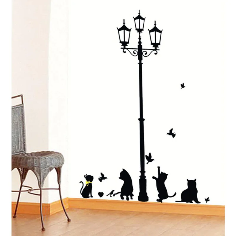 Black Cat Bird Street Lamp Streetlight Wall Stickers DIY Removable Home Decoration For Kids Room Nursery Bedroom Bathroom Mural | Дом и сад