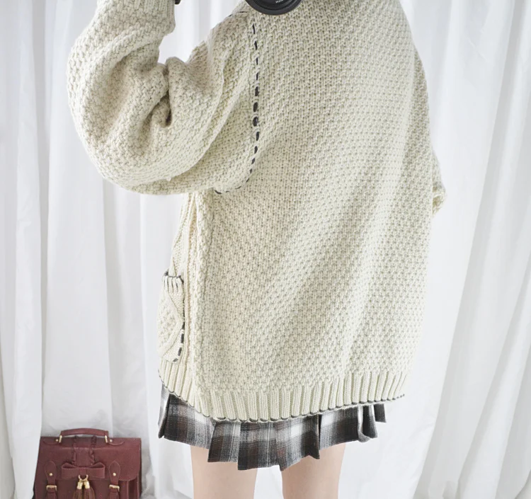 Wool Blend Vintage Winter Warm Loose Sweater Long Sleeve Twisted Knitted Cardigan Pockets Color Beige |
