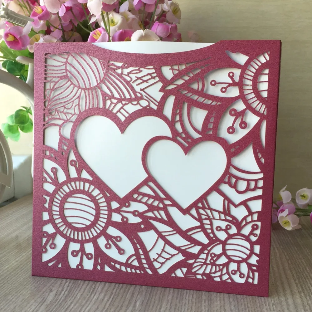 

50pcs Coloful Laser Cut Pearl Paper Event Party Supplies Decoration Pretty Romantic heart design Pocket wedding invitation card
