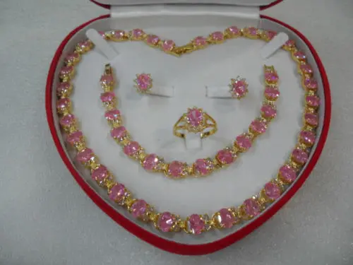 

Beautiful women's jewelry set Necklace Bracelet Ring Earring( pink)+box