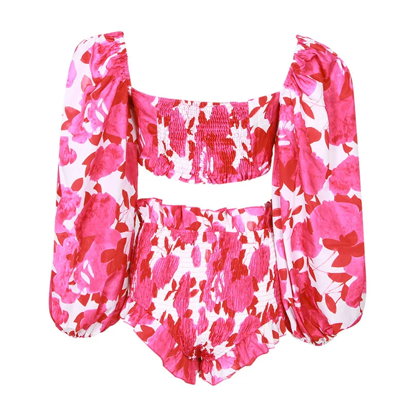 

Summer New Australian Tide Printed Lantern Sleeve Short Top with Elastic Short Pants Suit