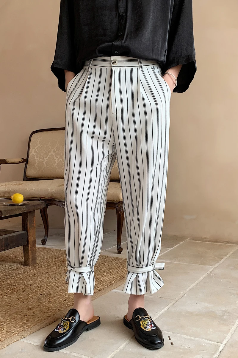 

M-2XL!! Summer tide section low waist trousers lacing net red loose straight pants tide brand men's retro stripes nine pants.
