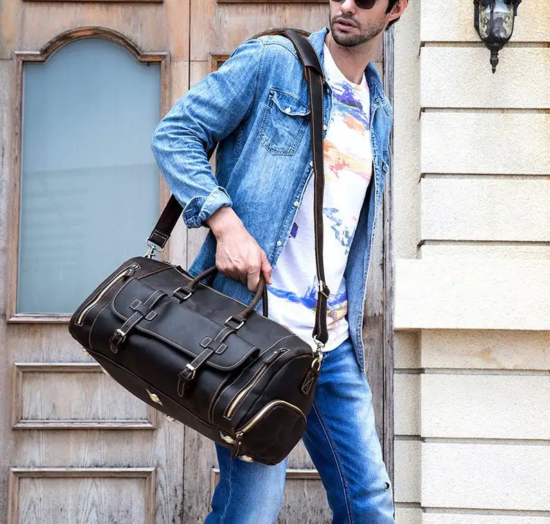 Crazy Horse Leather Duffel With Shoes Pouch Handmade Travel Bag Vacation Holdall Personalized Overnight Distressed |