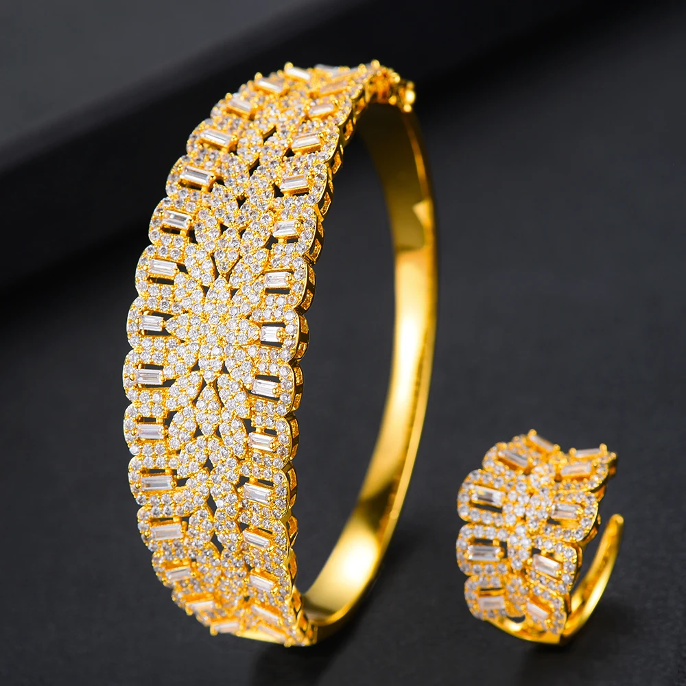 missvikki Handmade Prong Setting AAA CZ Bangle Open Ring Jewelry Set Luxury Gorgeous Geometric for Women Bridal Wedding | Украшения и