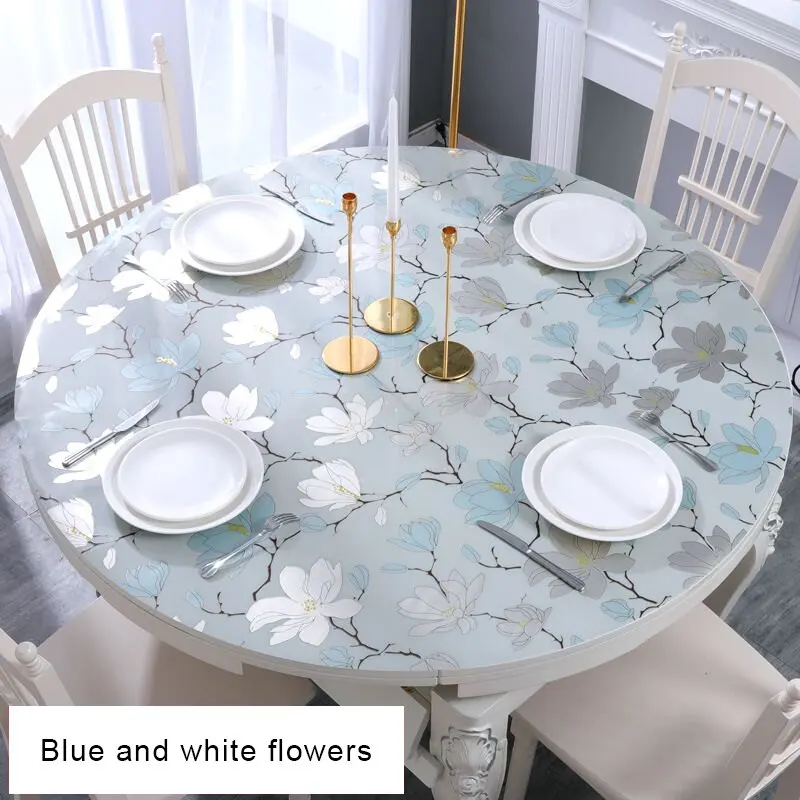 Blue white flower 1 IHAD круглая скатерть ПВХ пластиковые скатерти с принтом водонепроницаемый маслостойкий Мягкий стеклянный домашний кухонный коврик диаметр 60-90 см 1 мм - Цвет: Blue white flower 1