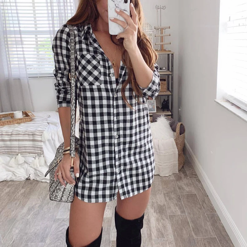 Женское Короткое платье Fanbety клетчатое с длинным рукавом и принтом Сексуальная