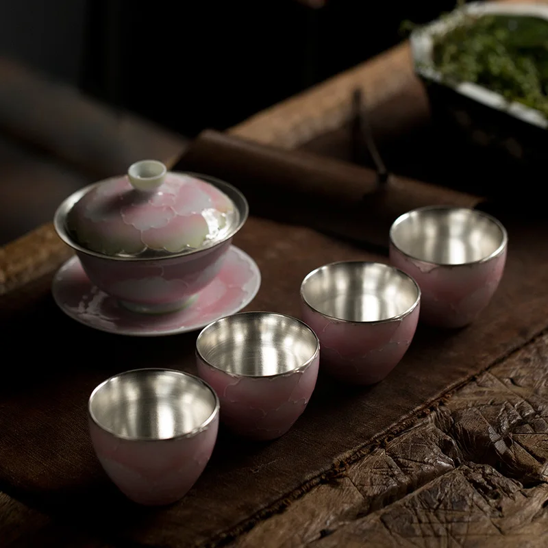 Pink tea sets TANGPIN Серебряный керамический чайный сервиз ручной работы Серебряный фарфоровый чайник gaiwan чайная чашка - Цвет: Pink tea sets