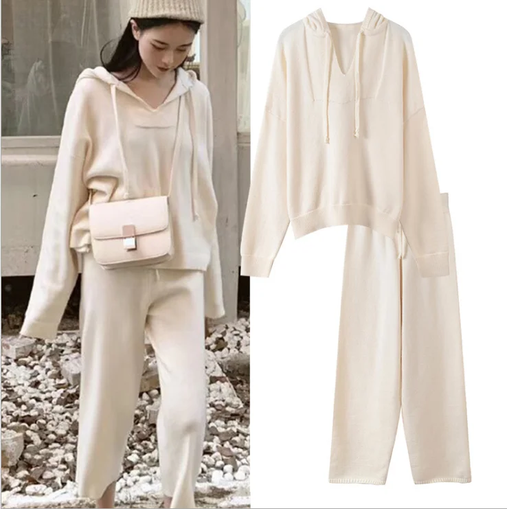 

New Wool Suit Women's Hooded Sweater And Trousers Top Fashion Full Elastic Waist 2020 Spring Two-piece Pullover Casual Solid