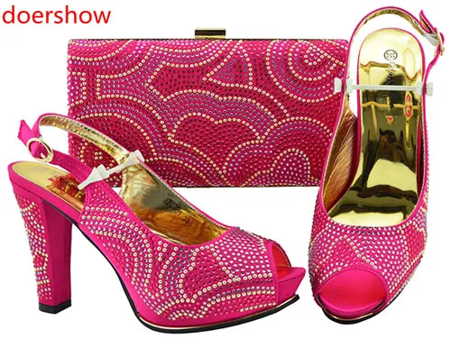 

doershow African Women Matching Italian fuchsia Shoes and Bag Set Decorated with Rhinestone Italian Ladies Shoe and Bag !SH1-8