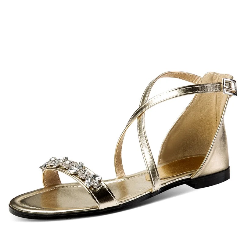 Large size Flat Sandals For Women Casual Flat Heels Summer Shoes Woman Luxury Rhinestone Green Gold Silver Ladies Beach Shoes