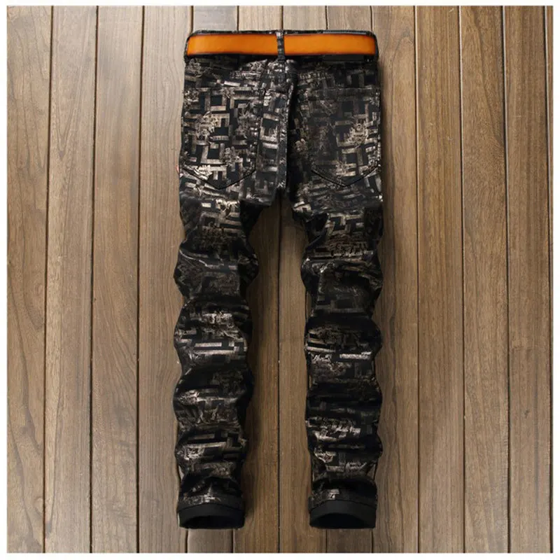 Men's fashion flower print jeans Male casual black denim pants Long trousers | Мужская одежда
