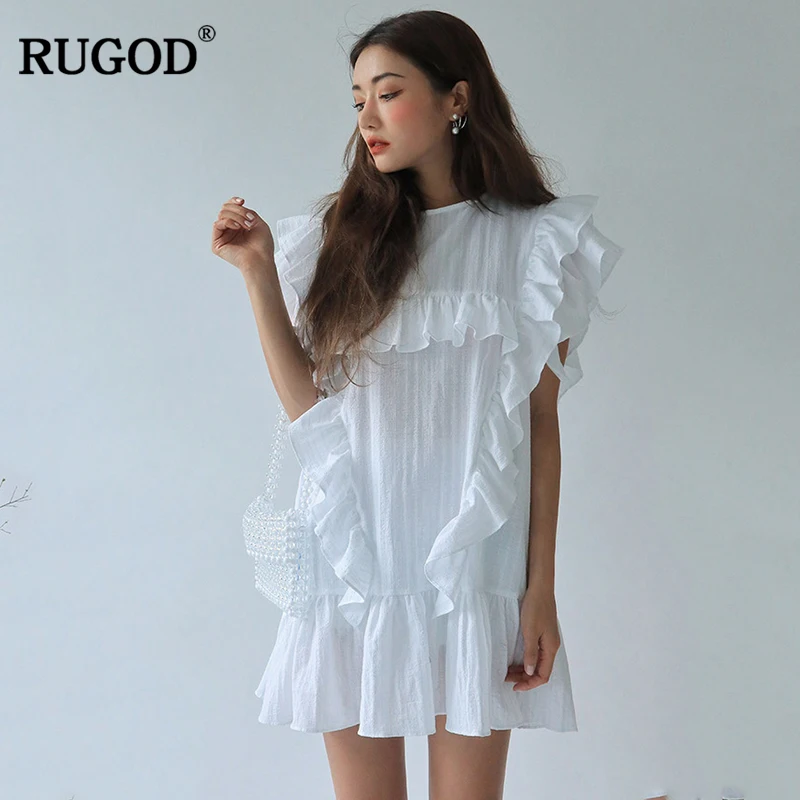 

RUGOD Chic Lotus Leaf O-Neck Dresses 2021 Hot Ruffle Sleeve Fashion Cotton Slim Sexy Mini Derss Korean Blocking Loose Dresses