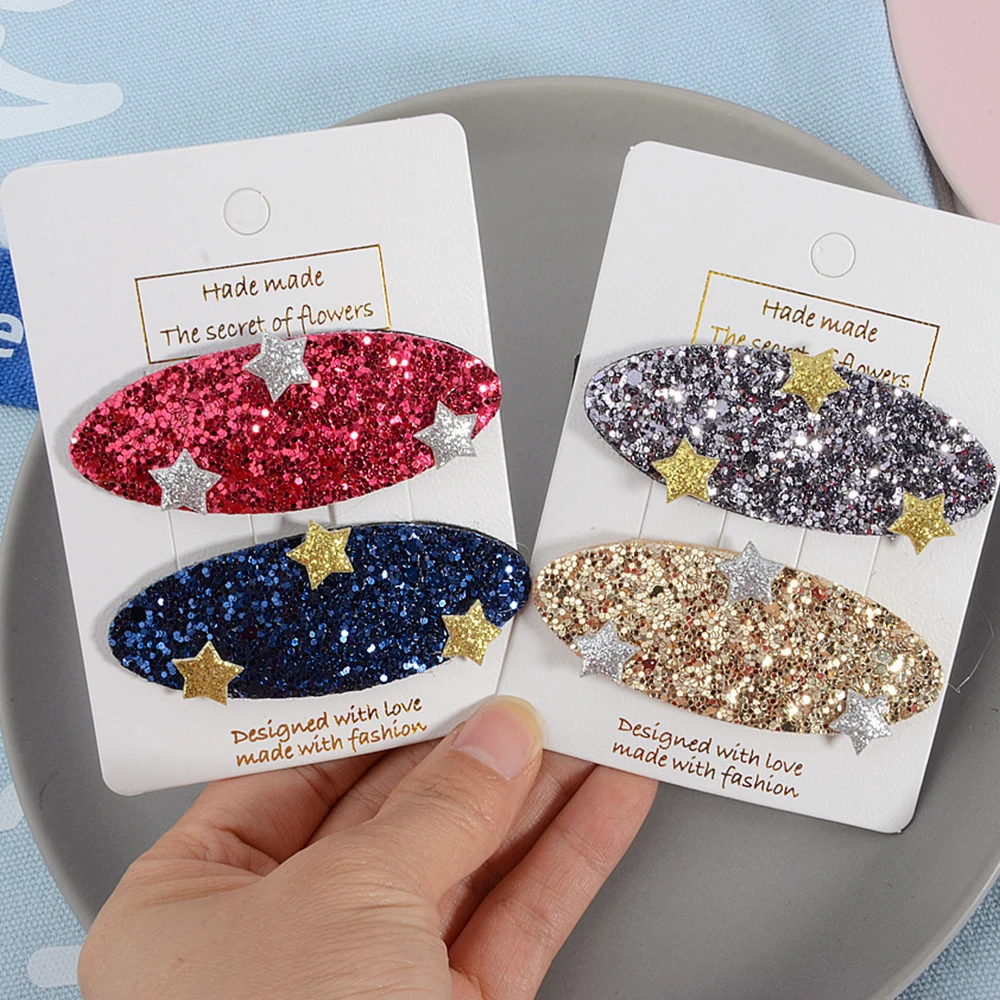2 Pcs Star Girls Glitter Baby Hairpin Hair Clips Headdress Barrettes Lovely Children Candy Color Cloth Wrapped | Аксессуары для