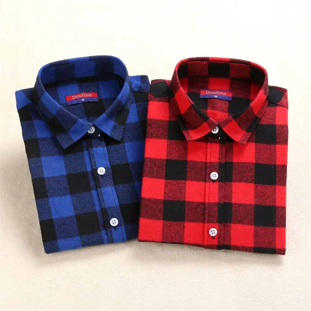 Dioufond фланелевая рубашка в клетку женская хлопковые топы осенняя красную размера