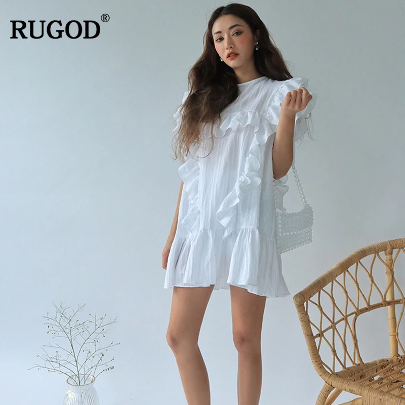 Шикарное милое платье RUGOD 2020 с оборками женское модное мини круглым вырезом и