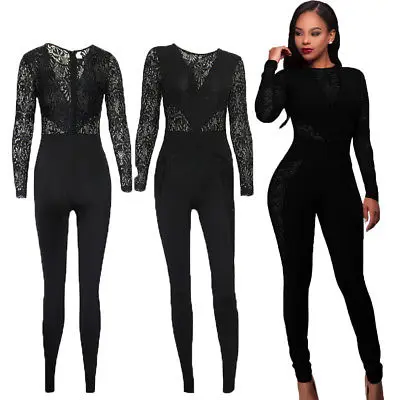 2018 кружевной черный Модный женский клубный костюм с длинным рукавом облегающий