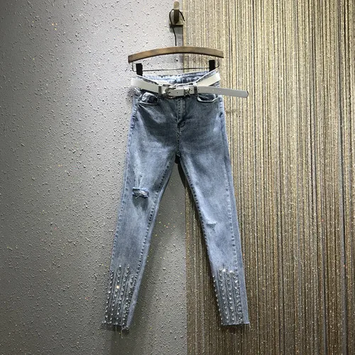 not with belt Новинка, весенние джинсовые штаны с высокой талией, стразы, пайетки, стрейч, женские ковбойские брюки-карандаш с дырками, женские брюки - Цвет: not with belt
