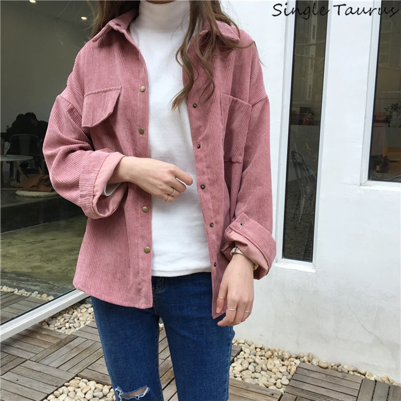 

Corduroy Shirt Coat for Women Preppy Long Sleeve Loose Korea Clothes Wide Waist Crop Jacket Women Harajuku Casual Pocket Jaket