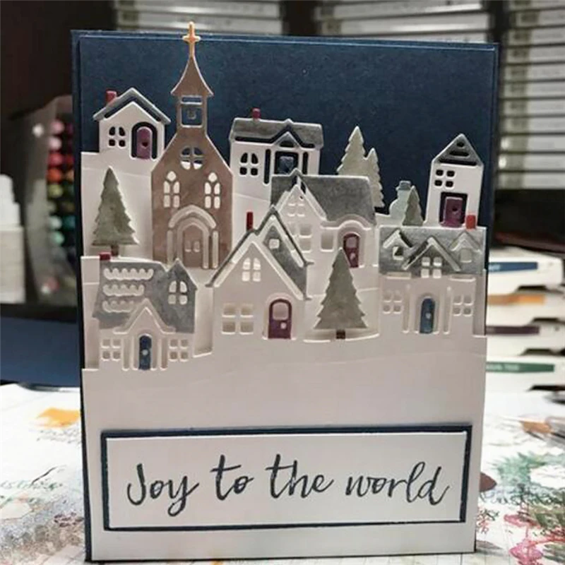 

Christmas House Residential Area Metal Cutting Dies Silver Stencil For Scrapbooking Abulm Photo Paper Card Craft Fun