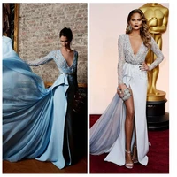 2019 sexy split evening dresses long sleeved plunging side slit embellished beading vestidos de festa prom celebrity dress