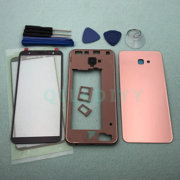 J4 Plus Gold J4+ полный корпус чехол для samsung Galaxy J4 Plus J415 J415F ЖК-панель средняя рамка Крышка батарейного отсека+ передняя стеклянная линза - Цвет: J4 Plus Gold