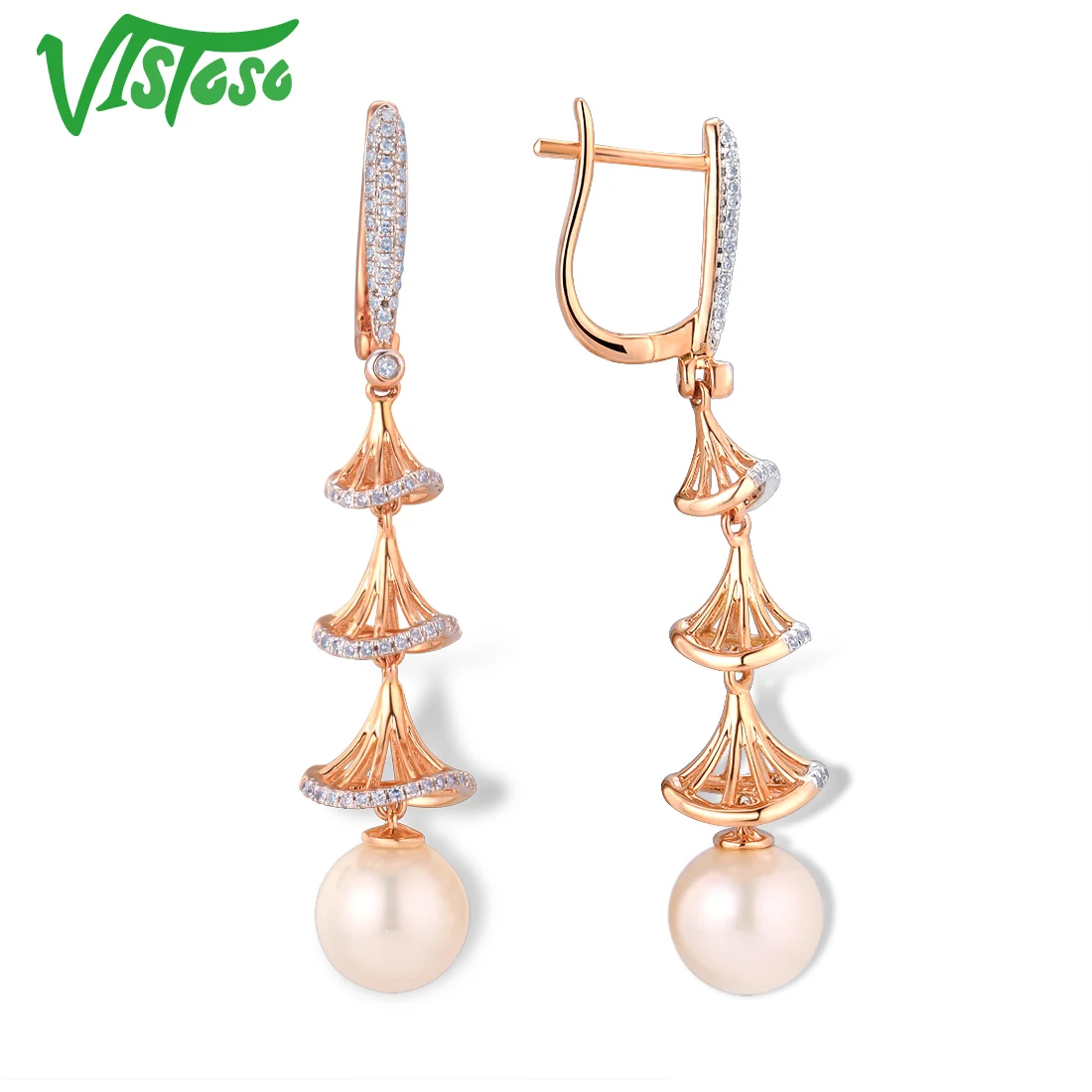 VISTOSO Pure 14 K 585 розовое золото сверкающие бриллианты элегантные пресноводные жемчужные серьги для женщин уникальные модные свадебные ювелирные изделия
