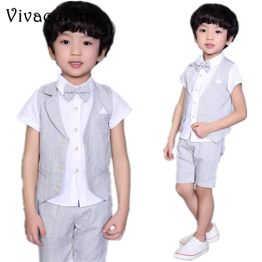 New Boys Summer Formal Vest Shirt Shorts 3Pcs Set Waistcoat Suit Children England Style Wedding with Bowtie for F045 |