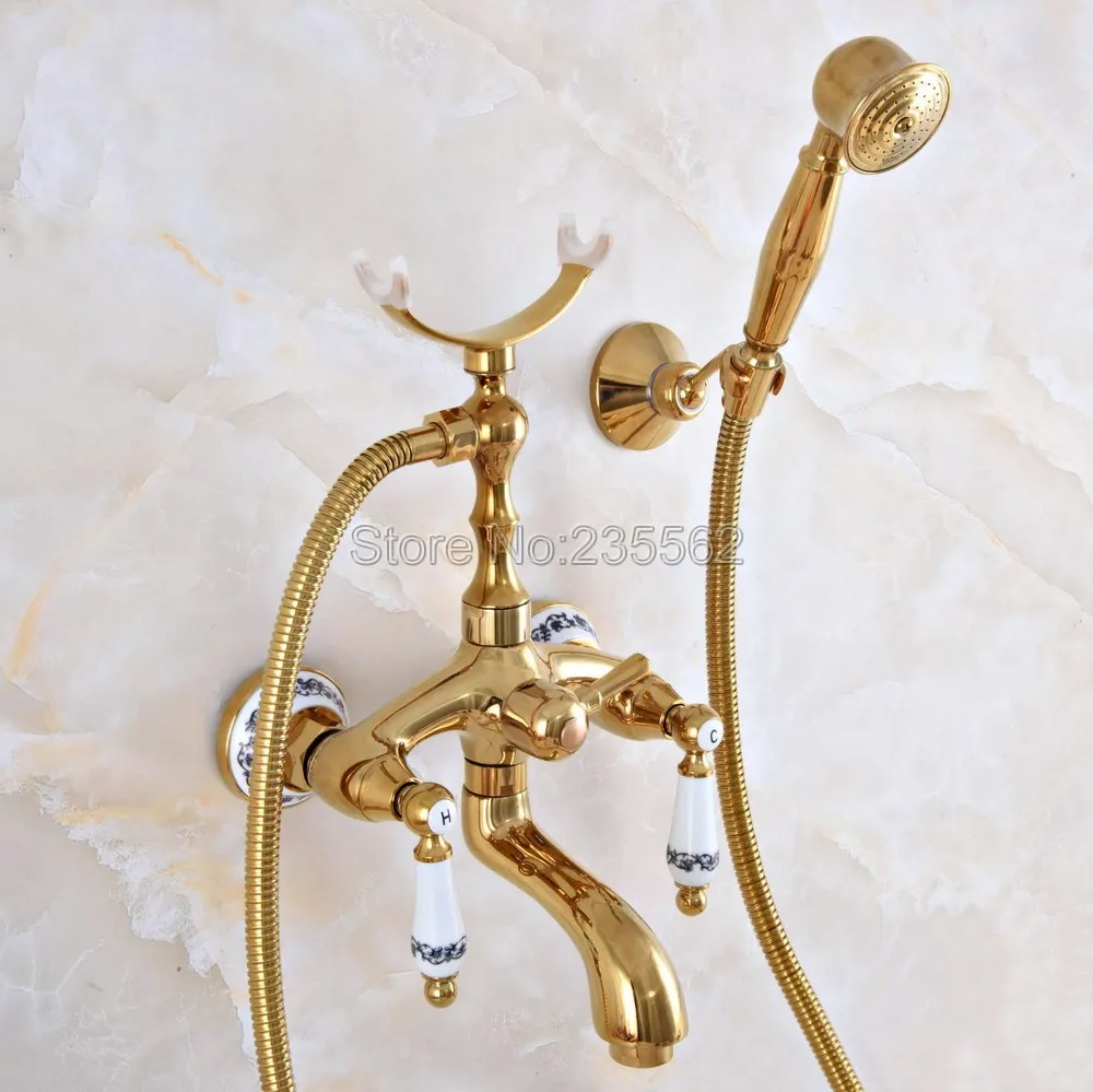 Настенный кран для ванной золотой цвет латунный раковины телефонный стиль набор