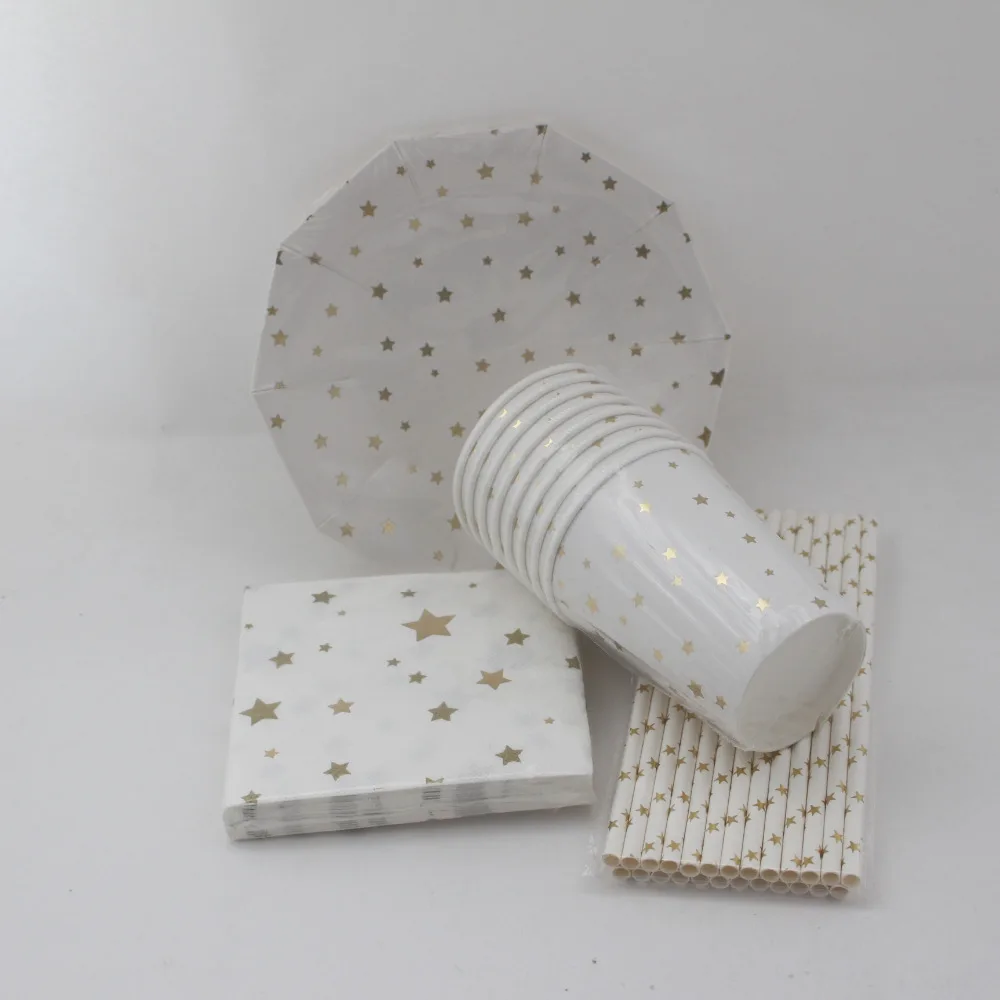 61pcs Gold Silver Star Disposable Paper Tabelware Wedding Plates Cups Napkins Straws Birthday Party Supplies | Дом и сад