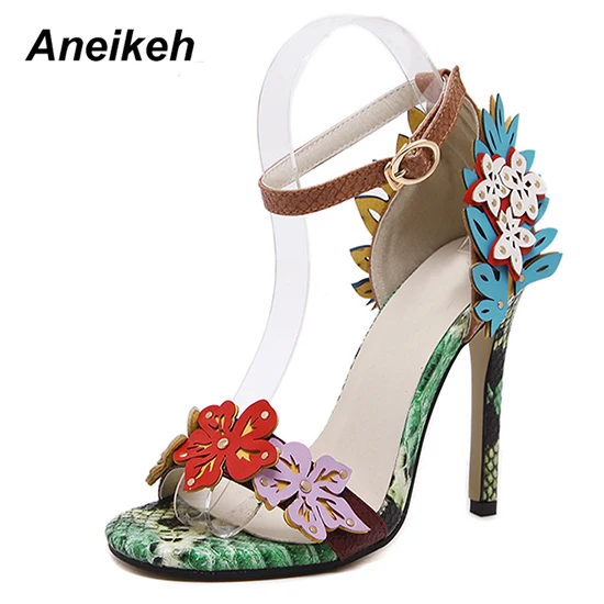 Flower color Aneikeh/босоножки на высоком каблуке г. Летняя пикантная женская обувь на тонком каблуке с открытым носком Модные женские туфли-лодочки из высококачественной PU искусственной кожи с цветком - Color: Flower color