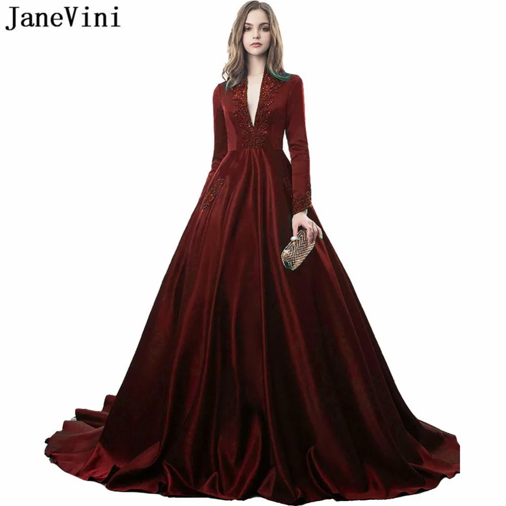 Платье JaneVini A Line бордовое вечернее платье с длинным рукавом и треугольным вырезом