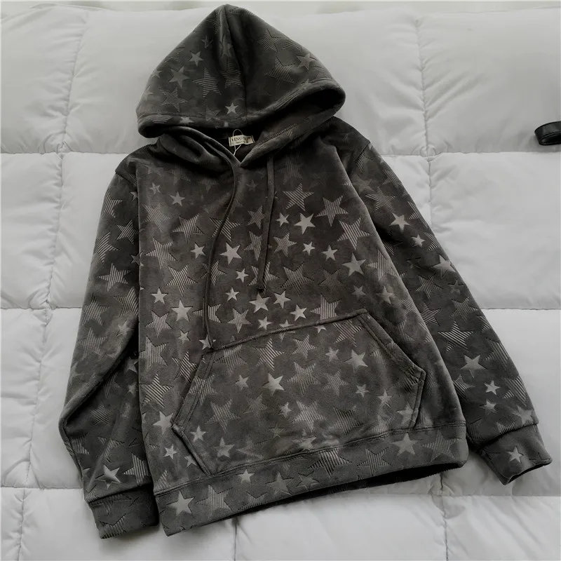 Gray Stars Новая осенне-зимняя повседневная теплая Толстая велюровая толстовка, Женские винтажные пуловеры с тиснением, пальто с геометрическим рисунком, толстовки с капюшоном, топы Mw465 - Цвет: Gray Stars