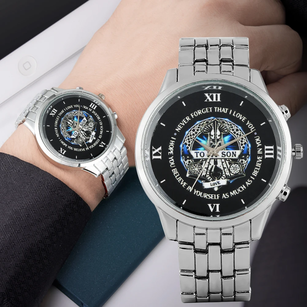

Fashion Quartz Analog Watch for Men Fashion To My Son Series Watches for Male Stain Steel Strap Black Dial Wristwatch for Teens