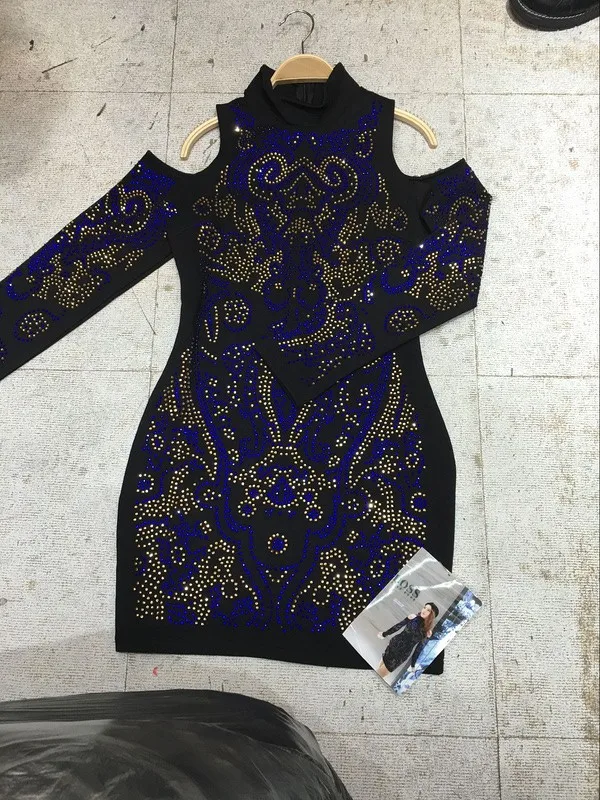 2016 новый высокая мода синий бисером шею длинным рукавов мини платья повязки