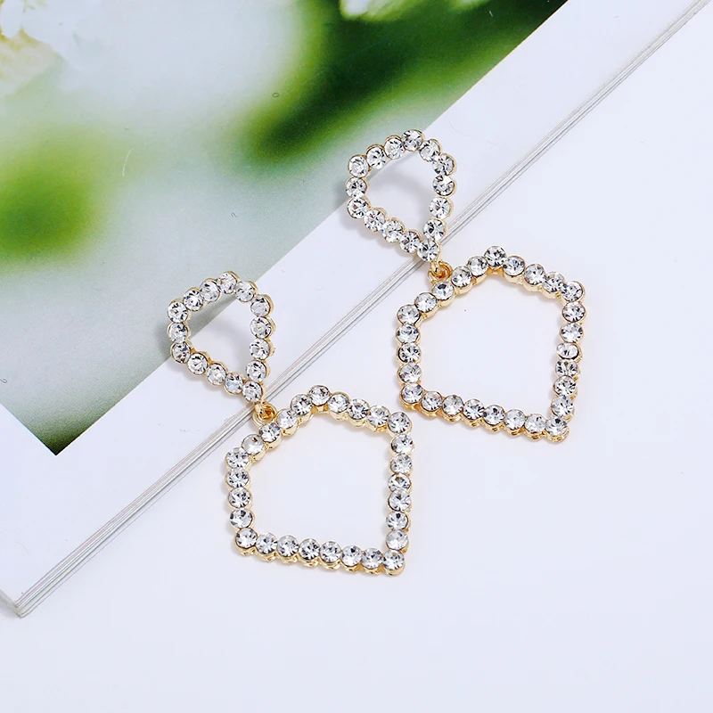 Simple Big Square Shape Hollow out Dangle Earrings Full Rhinestones Crystal for Women Valentine's Day Gift Jewelry | Украшения и