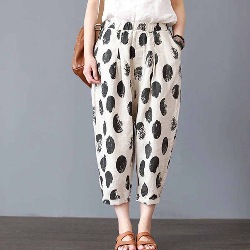 Летние женские штаны с принтом из хлопка и льна большие размеры ретро-шаровары в