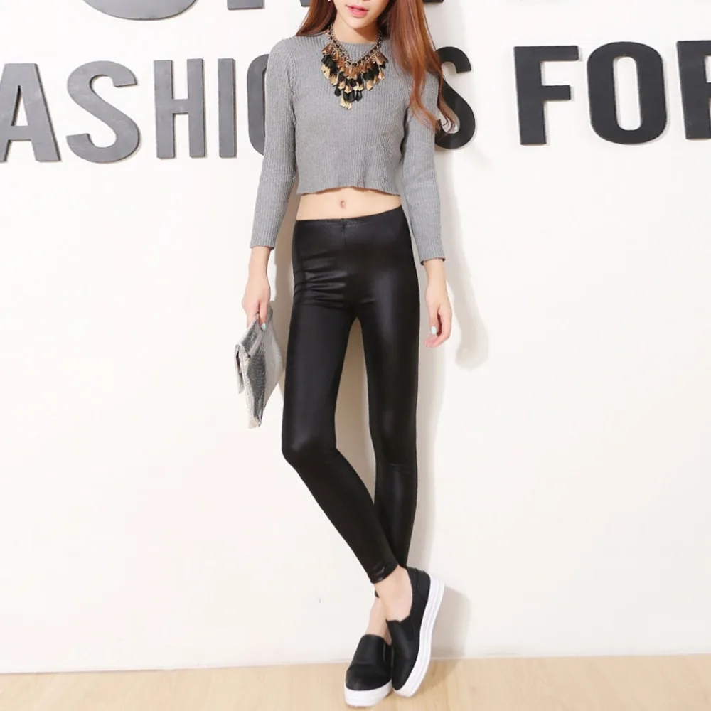 Fashion Casual Leather Leggings Sexy Women Cropped Elastic Leggins Thin | Женская одежда