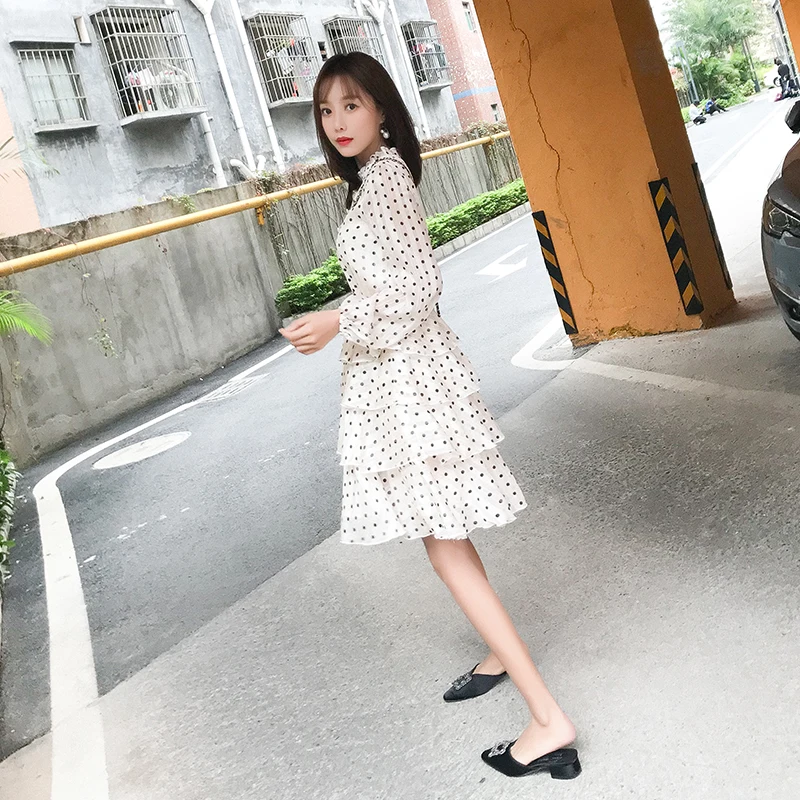 2019 Spring Fashion Women's Clothing Ruffles Dot Printing V-neck Dress Lantern Long Sleeves Button Chiffon Dresses | Женская одежда