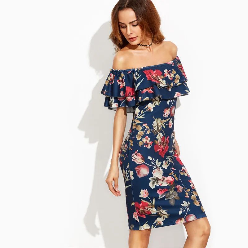 Для женщин с плеча оборками платье цветочным рисунком Slash шеи печать ягодицы