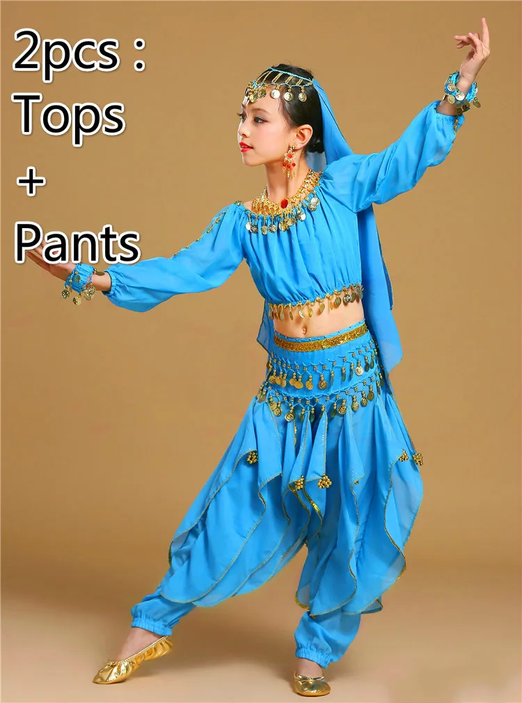 2pcs light blue Новая детская одежда для индийских танцев платье для выступлений танец живота Национальный Болливуд танцевальные костюмы для девочек Одежда для танца живота комплект одежды - Цвет: 2pcs light blue