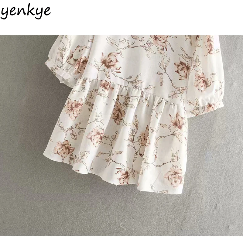 Мода 2019 Женская прерия шик Цветочный принт блузка Femme Круглый вырез короткий