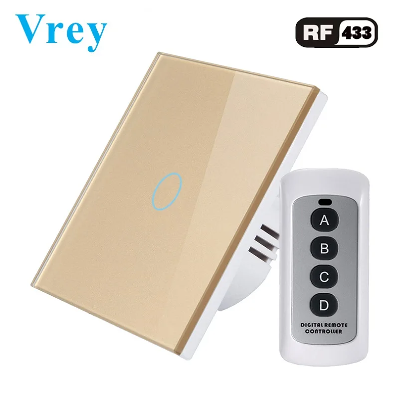 VR-RF-01D Gold Vrey ЕС Стандартный сенсорный выключатель, 1 банда 1 способ, настенный выключатель дистанционного управления, роскошная закаленная стеклянная кристальная панель - Цвет: VR-RF-01D Gold