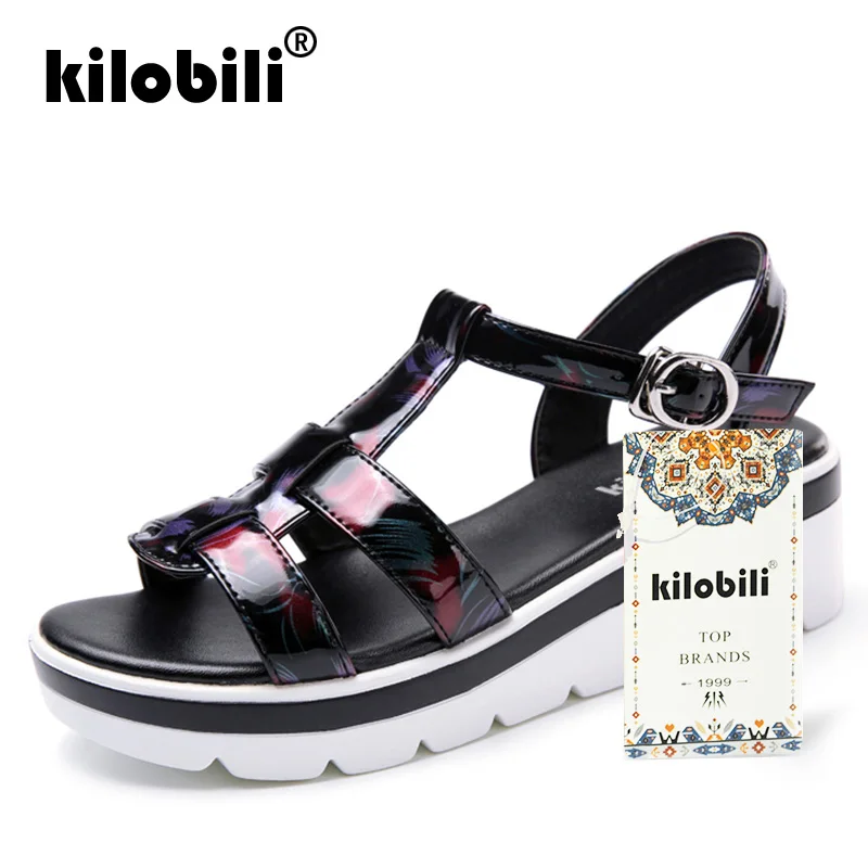 Kilobili/2019 г. летние женские босоножки черные сандалии на плоской платформе пляжные