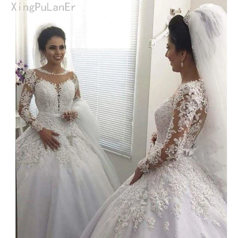 

Vestido de Noiva Ball Gown Princess Wedding Dresses with Long Sleeves Bead Lace Appliques Wedding Gowns Court Train Mariage
